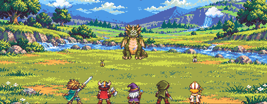 草原でドラゴンに立ち向かう勇者と4人の仲間。仕事がパーティーの冒険になる。